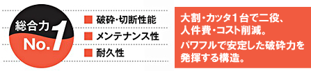 破砕・切断性能、メンテナンス性、耐久性で総合力NO.1！大割・カッタ１台で二役、人件費・コスト削減。パワフルで安定した破砕力を発揮する構造